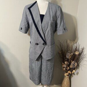 Vtg Le Suit Women 2pc Skirt Suit Short Sleeve Blue Houndstooth Lined 2 Button 14